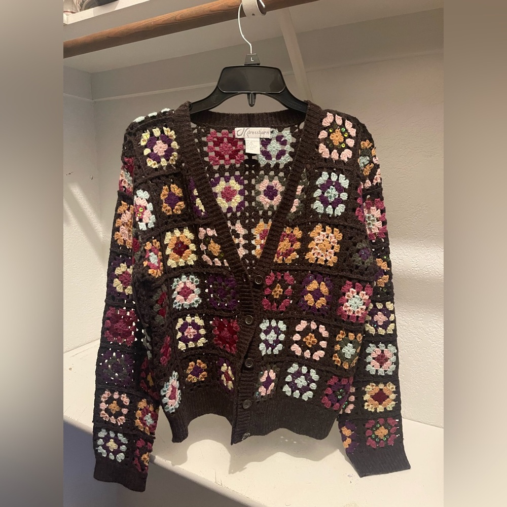 VTG Crochet DRESSBARN Floral Patchwork XL 100%Lambswool Cardigan Grandmacore - Picture 2 of 10
